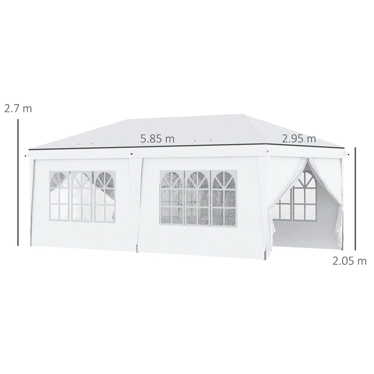 White pop-up gazebo tent with front door opening and three window panels