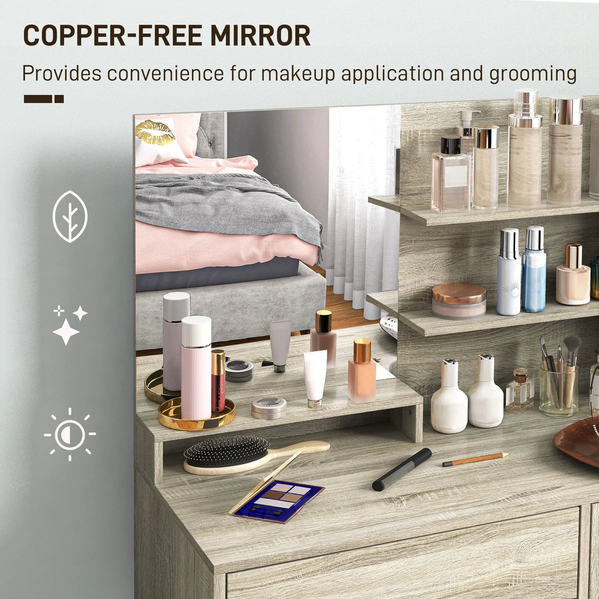 Dressing table set with mirror and storage drawers, plus matching padded vanity stool