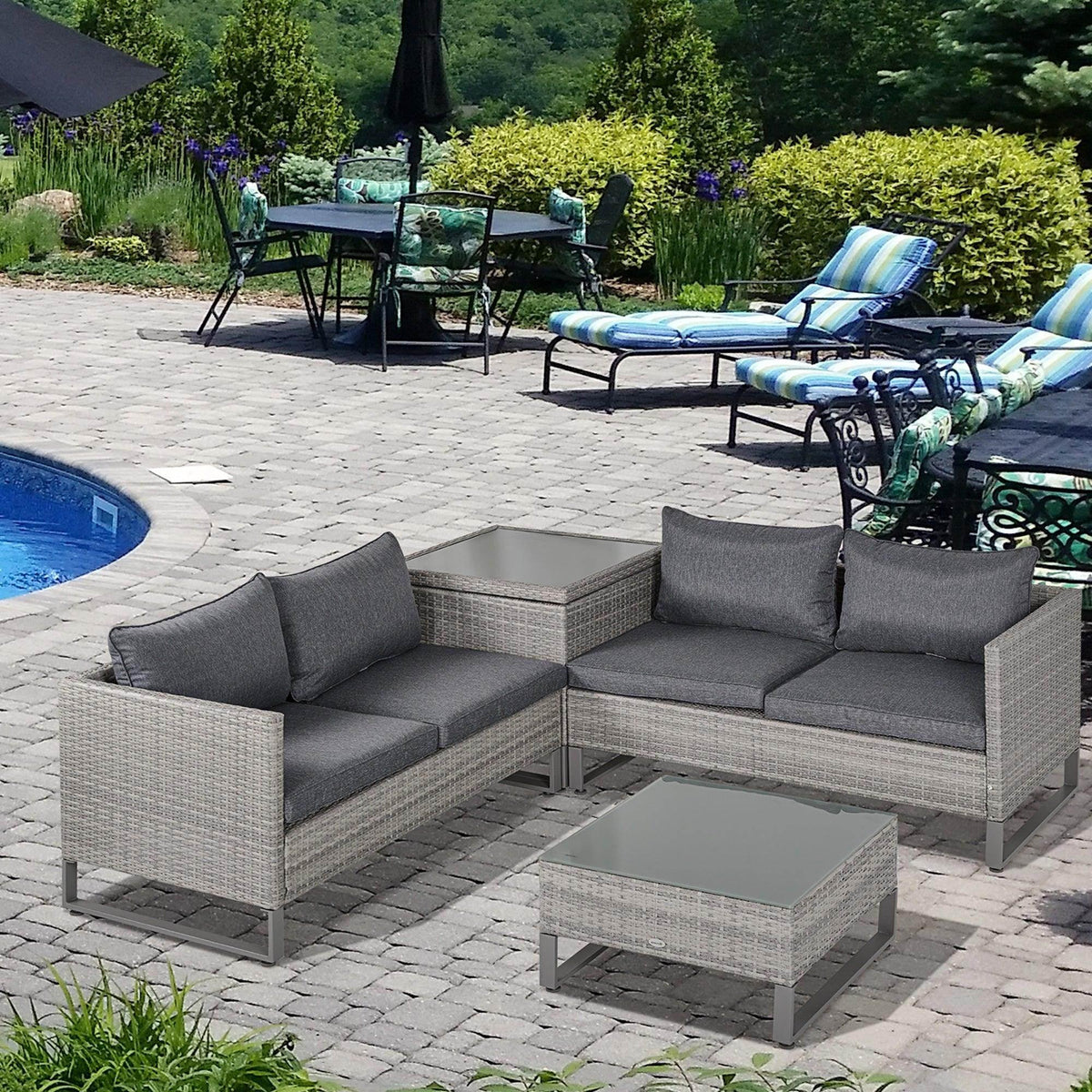 Grey PE rattan 4-seater sofa set with corner sectional and square coffee table