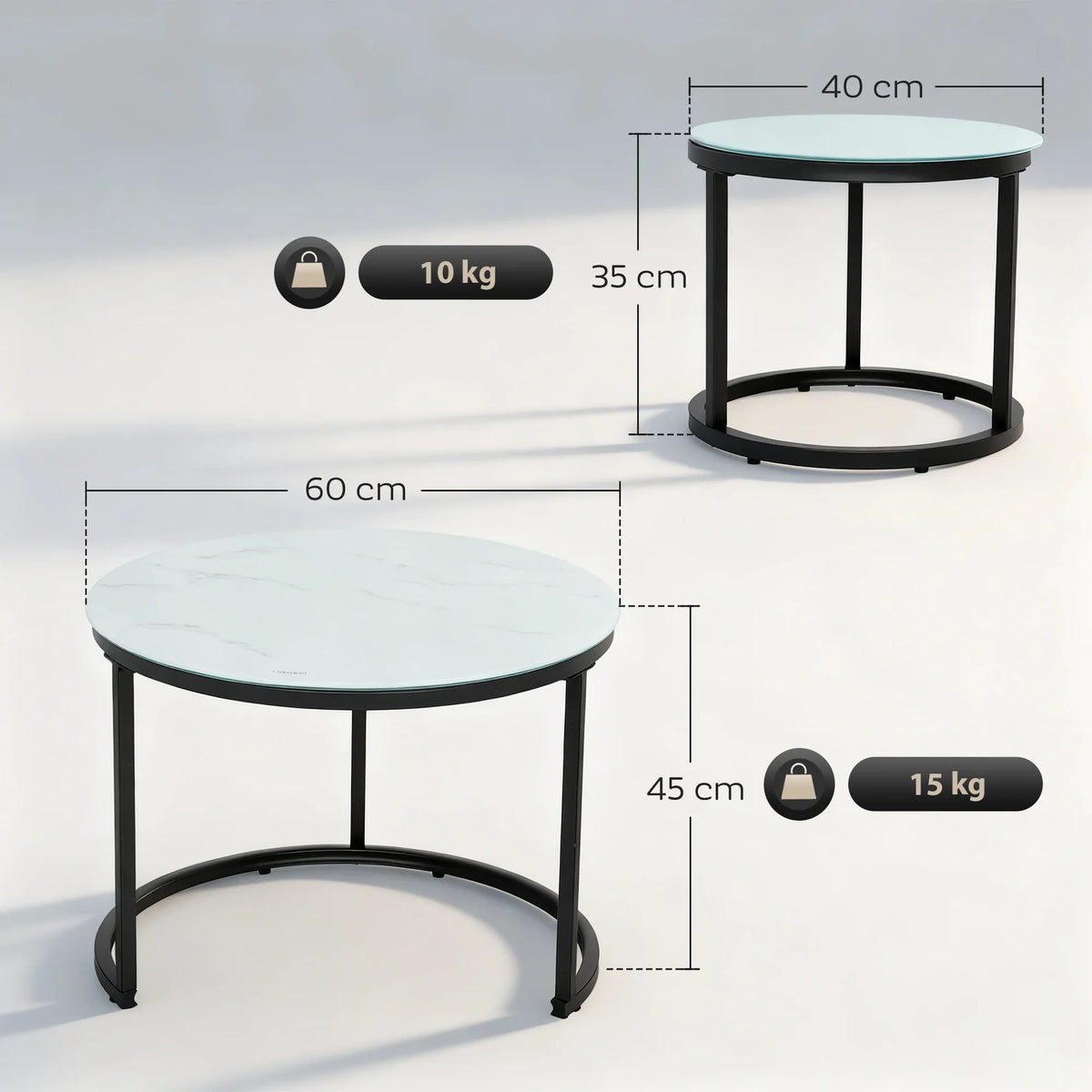 Round nesting tables set with marble-effect glass tops, black steel legs, and base shelf