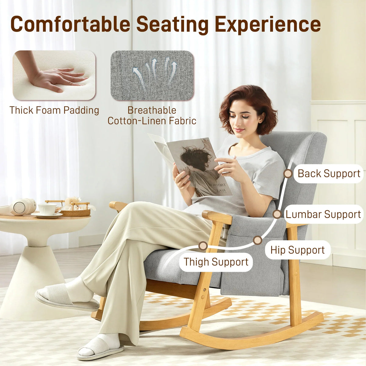 Light grey upholstered rocking chair with padded back and seat cushions, wooden frame