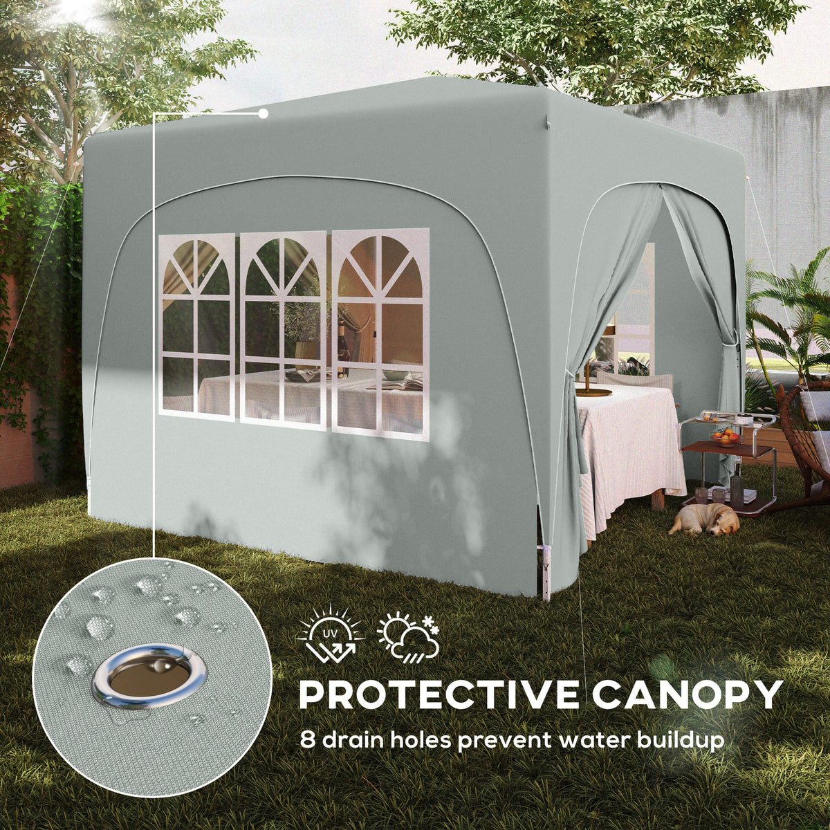 Light grey protective gazebo canopy with front windows and draped side curtains