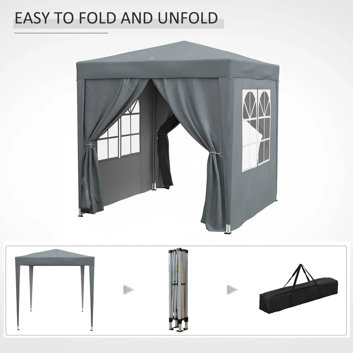 Grey pop-up gazebo with curtains, plus folded frame sections and carrying bag
