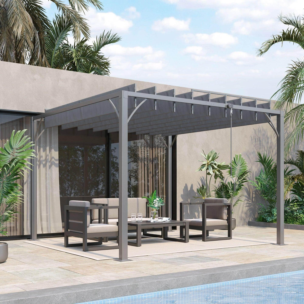 Grey louvered patio pergola with retractable roof over outdoor seating area