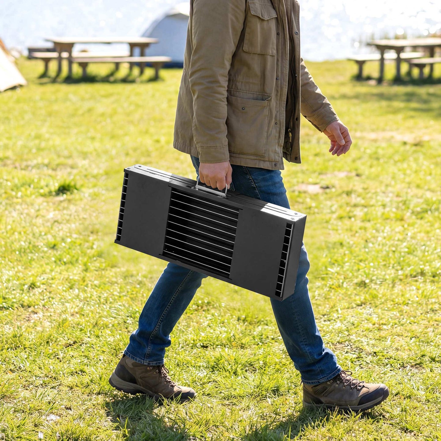 Outsunny Portable Charcoal BBQ Grill Foldable For Camping And Picnics With Two Side Shelves And Handle Black
