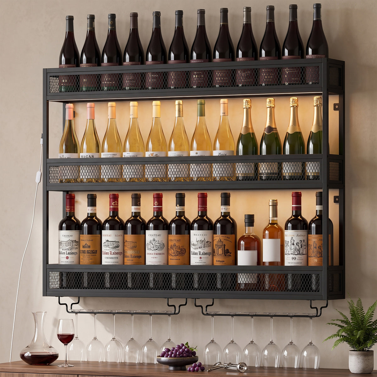 Homcom Wall Mounted Wine Rack With Led Lights And Six Glass Holders