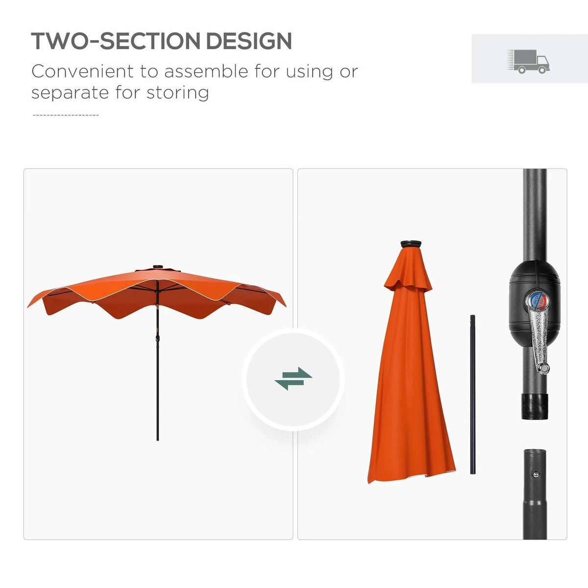Orange patio umbrella with two-section frame, showing umbrella pole and crank