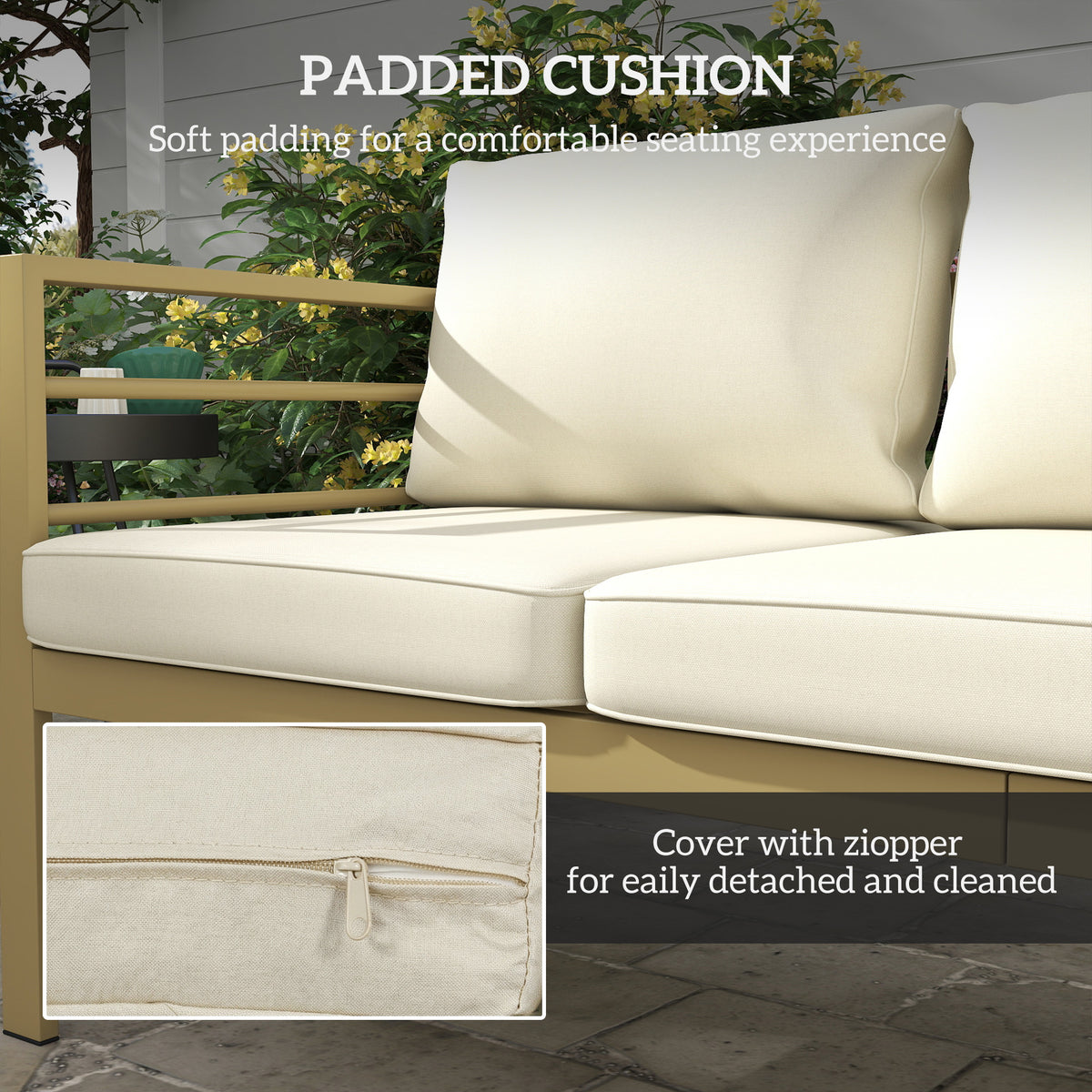 Cream padded cushion set for outdoor bench sofa with zippered cover detail