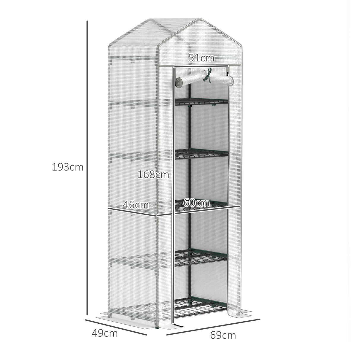 Mini greenhouse diagram showing five shelves and overall white frame dimensions