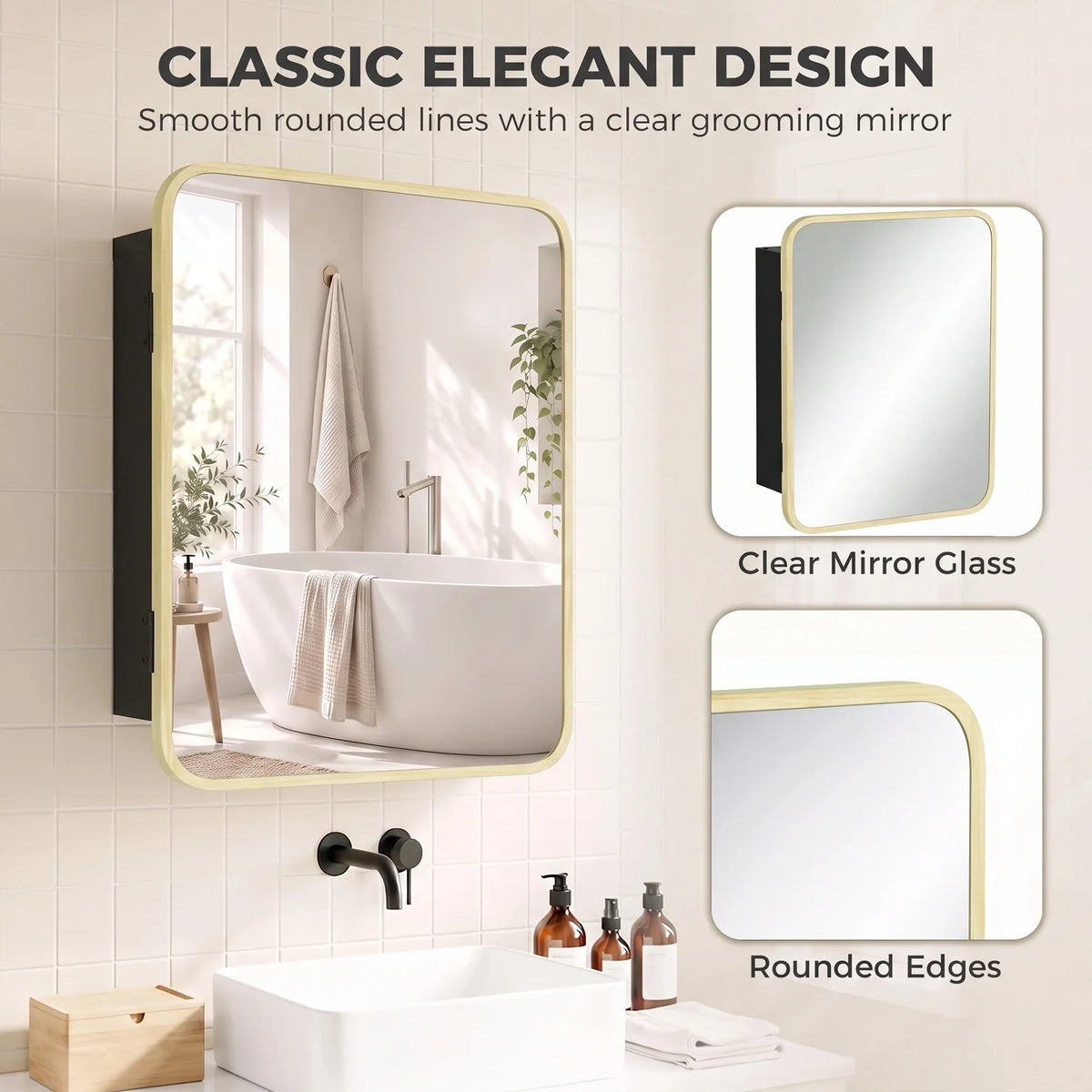 Wall mirror cabinet with clear mirror glass, rounded edges, natural wood frame