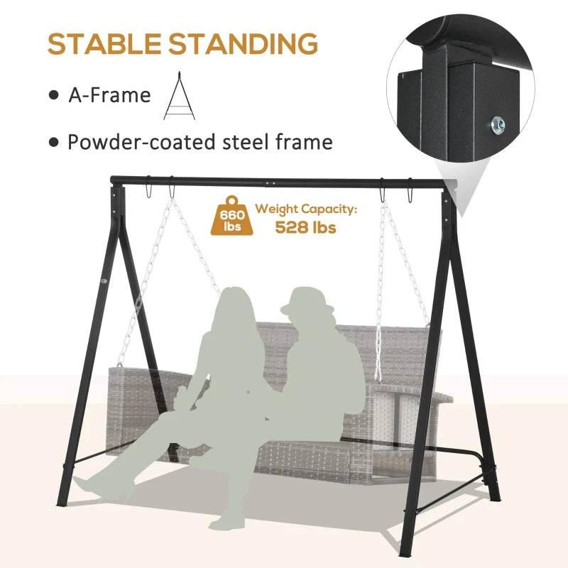 Black A-frame multi-swing steel frame with chain hooks and weight-capacity labels