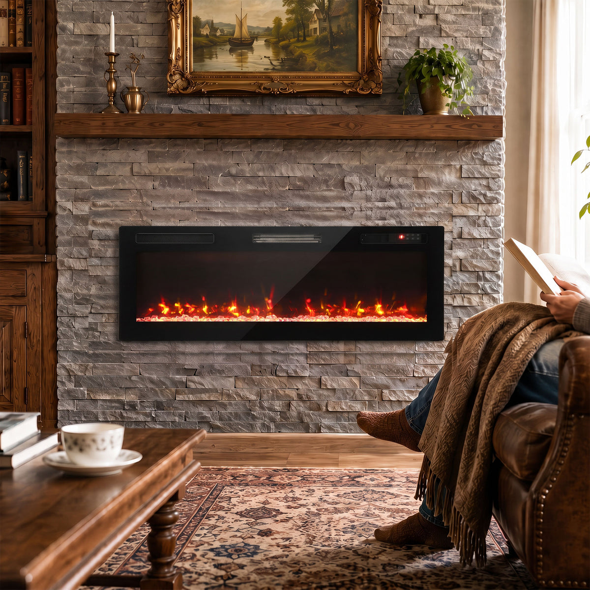 Electric fireplace with black bezel and red-orange flame effect set into a stone wall