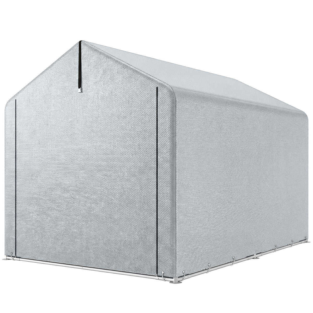 Waterproof garden shed with gray fabric cover and zipper door, steel frame