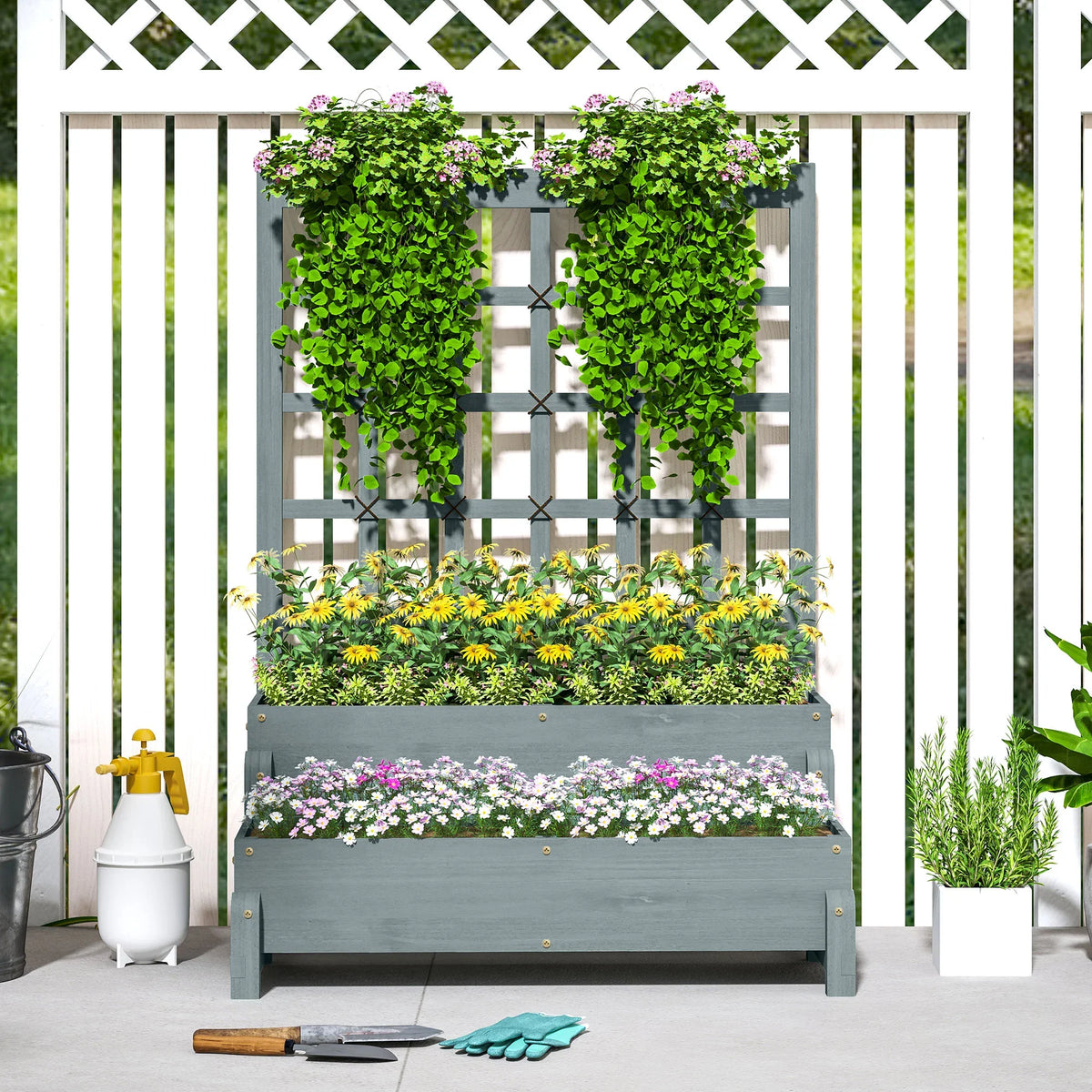 Front view of grey two-tier raised garden bed with trellis and flower rows