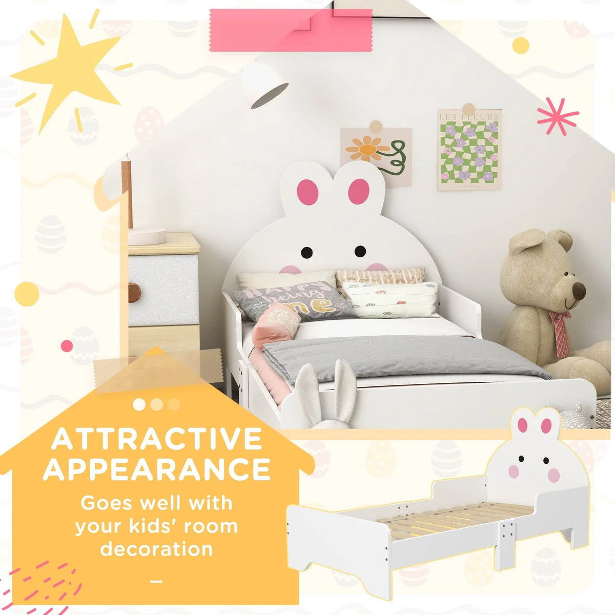 White toddler bed frame with bunny headboard, bedding, and pillows in a kids room