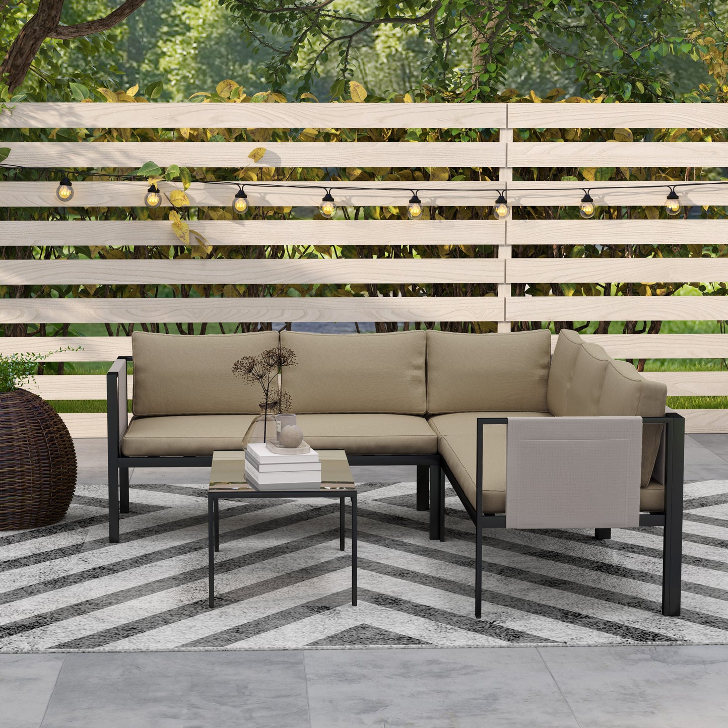 Outsunny 5 Seater Garden Corner Sofa Set 4 Pieces Outdoor Metal Furniture With Glass Top Table Cushions Khaki