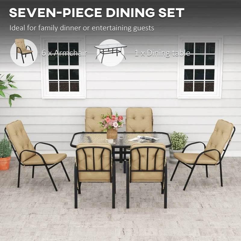 Seven-piece outdoor dining set: beige armchairs with black frames and glass tabletop
