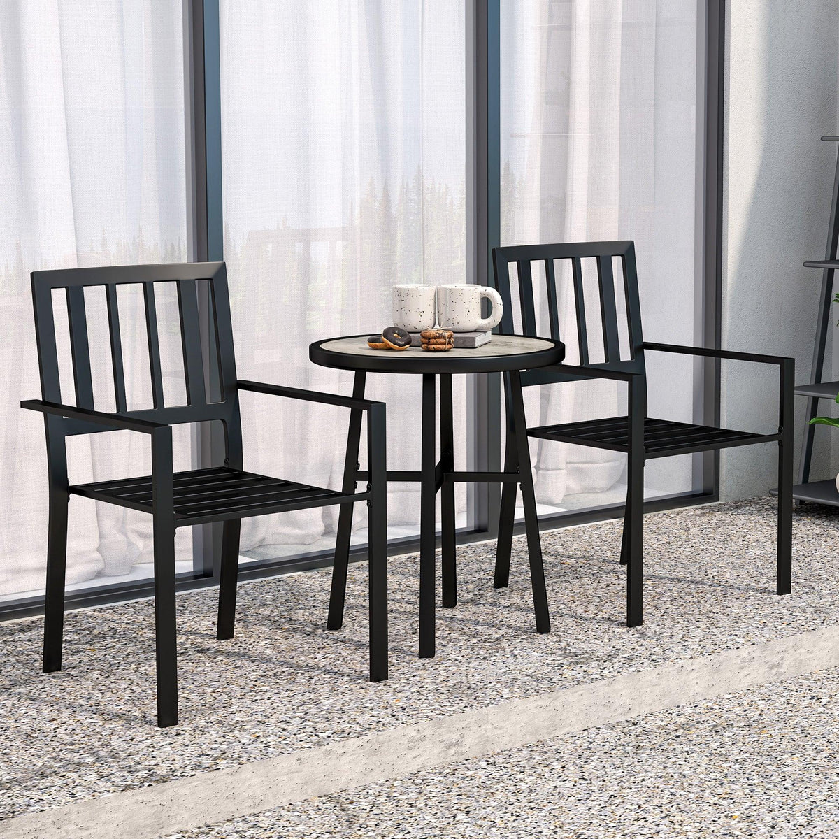 Patio bistro set with two slatted chairs and a round table, black metal frame