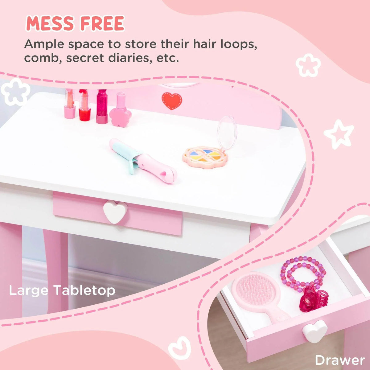 Pink kids vanity table with large tabletop and heart-handle drawer for hair accessories