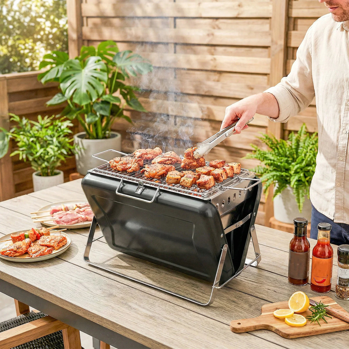 Black charcoal BBQ grill with open cooking grate holding meat on outdoor table.