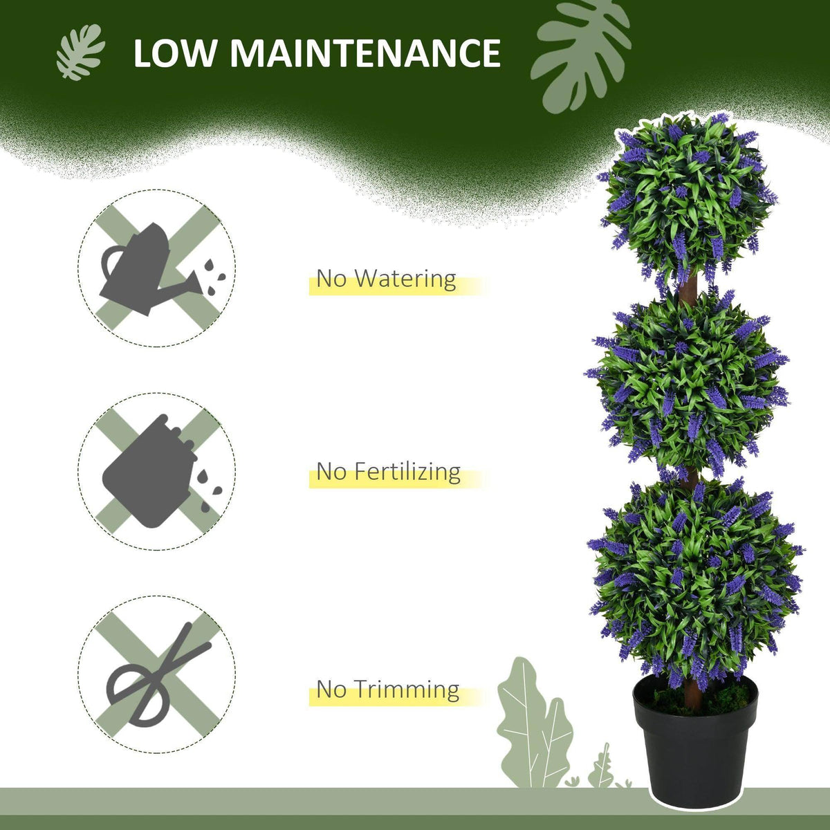 Artificial potted ball tree plant with purple flowers and green foliage in a black pot