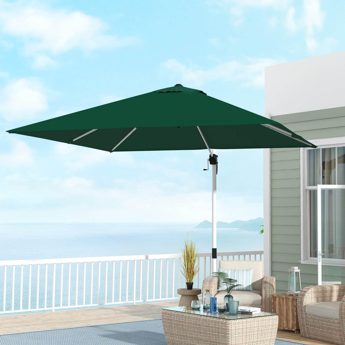 Green cantilever parasol with crank and tilted square canopy over patio table