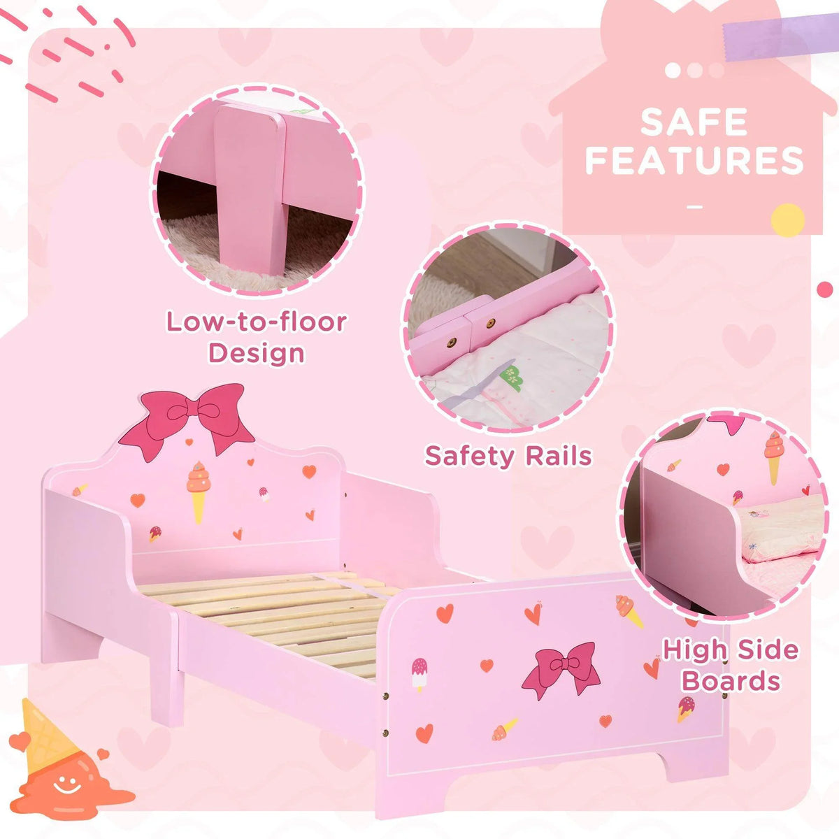 Pink kids bed with low-to-floor design and protective safety side rails