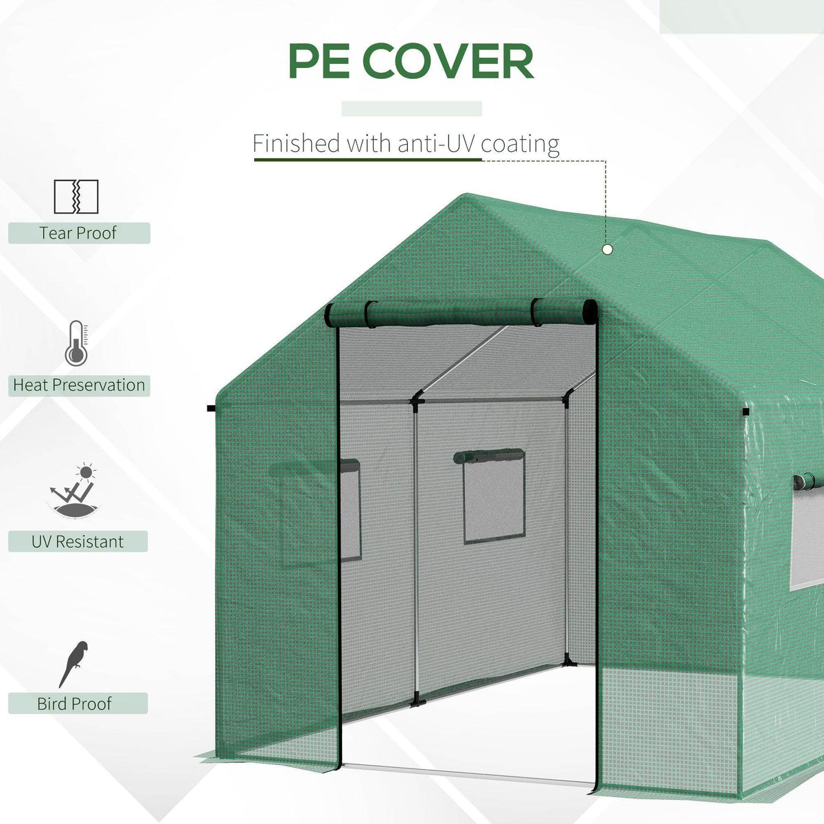 Green PE greenhouse cover with front roll-up door and zip mesh panels