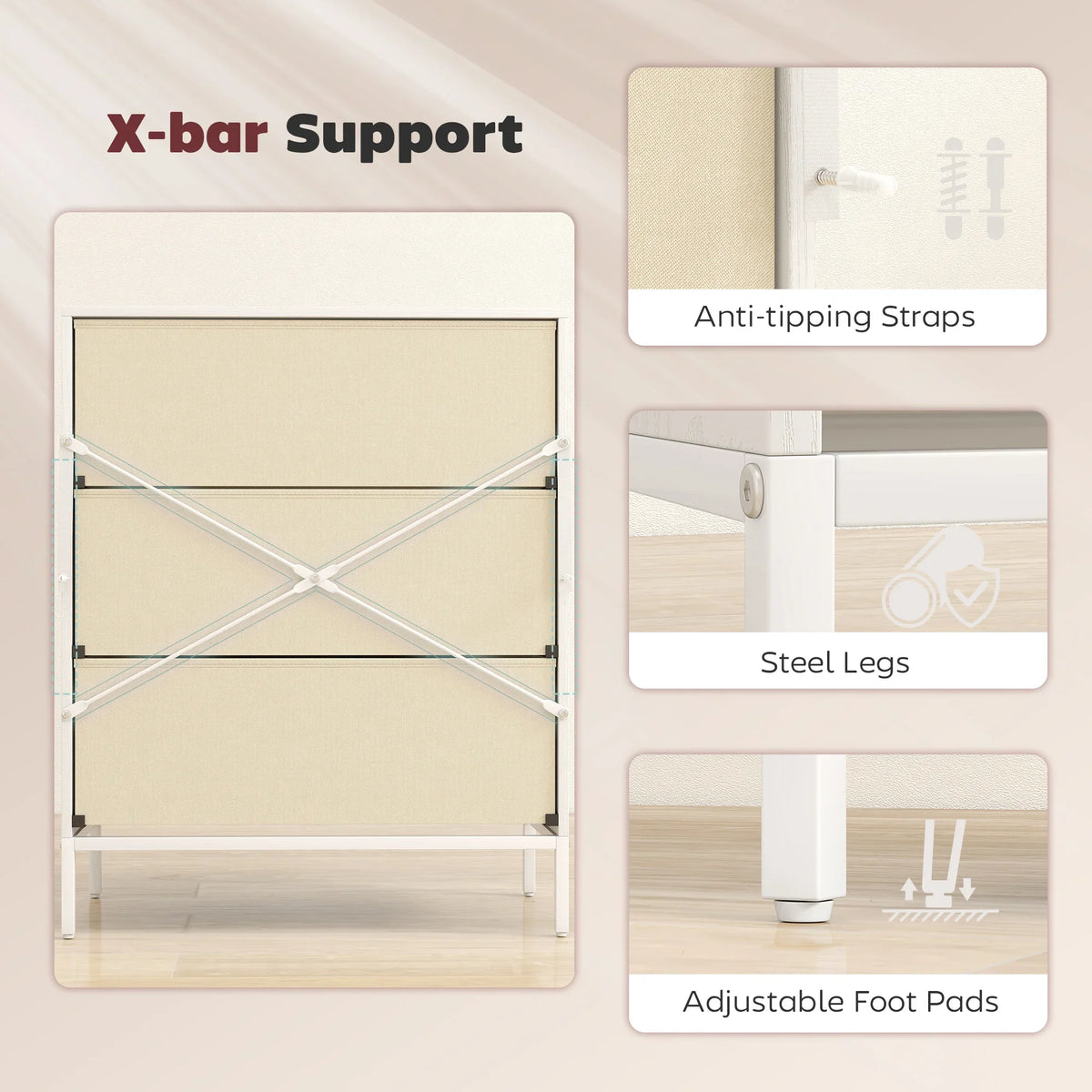 White fabric chest of drawers with steel legs, anti-tipping straps, and dark metal handles