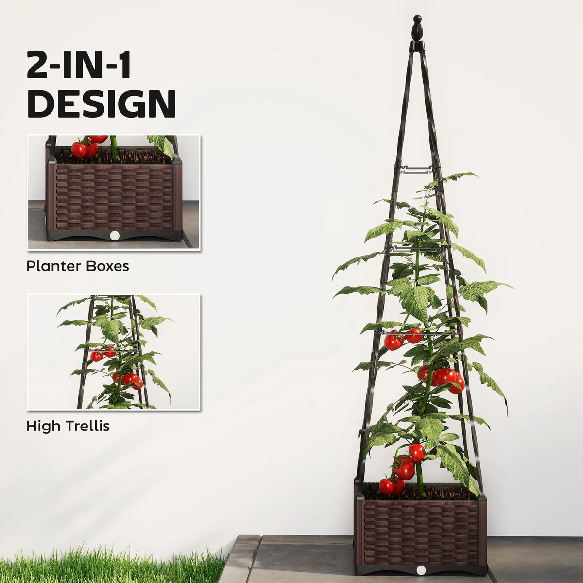 Two-in-one style raised trellis planter box with tall frame and dark brown planter, tomatoes growing