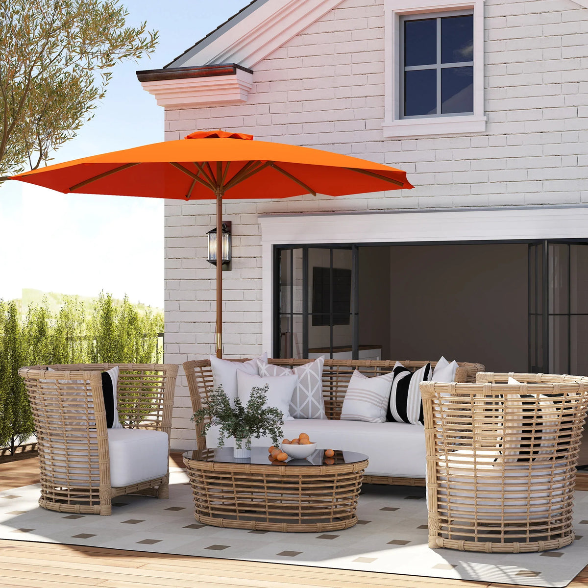 Orange patio parasol with wooden pole and ribbed canopy over the patio