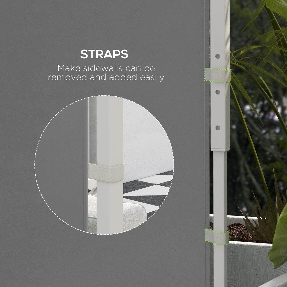 Light grey gazebo side panel with removable strap and snap attachments on frame, 2-pack.