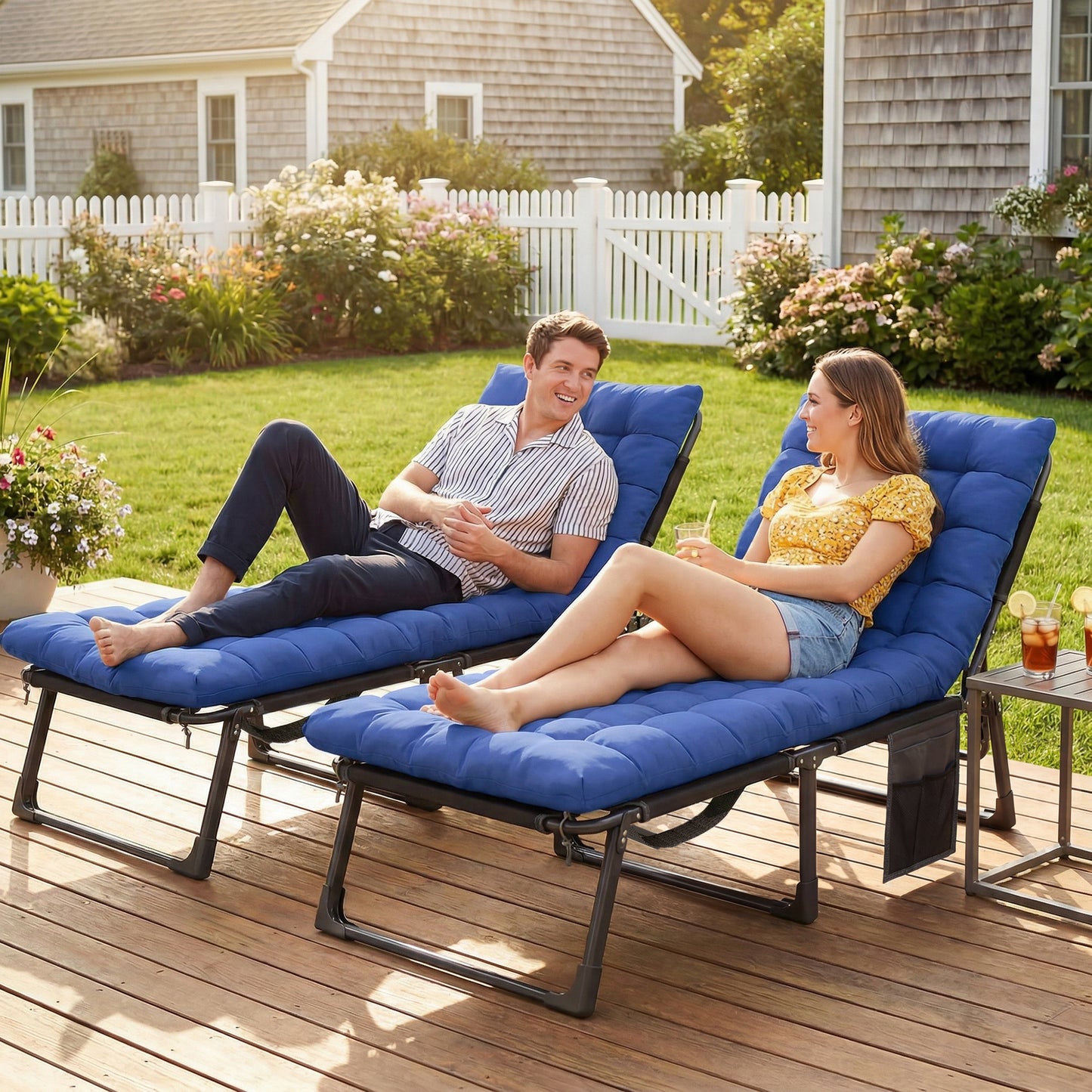 Outsunny Folding Sun Loungers Set of 2 for Garden 5 Position Oversized Camping Bed Recliners With Cushions Blue