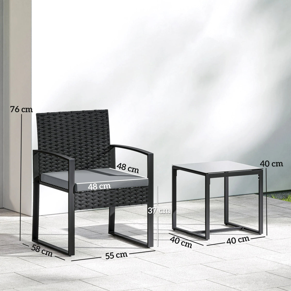 3-piece bistro set with black woven chair and square tempered glass-top side table