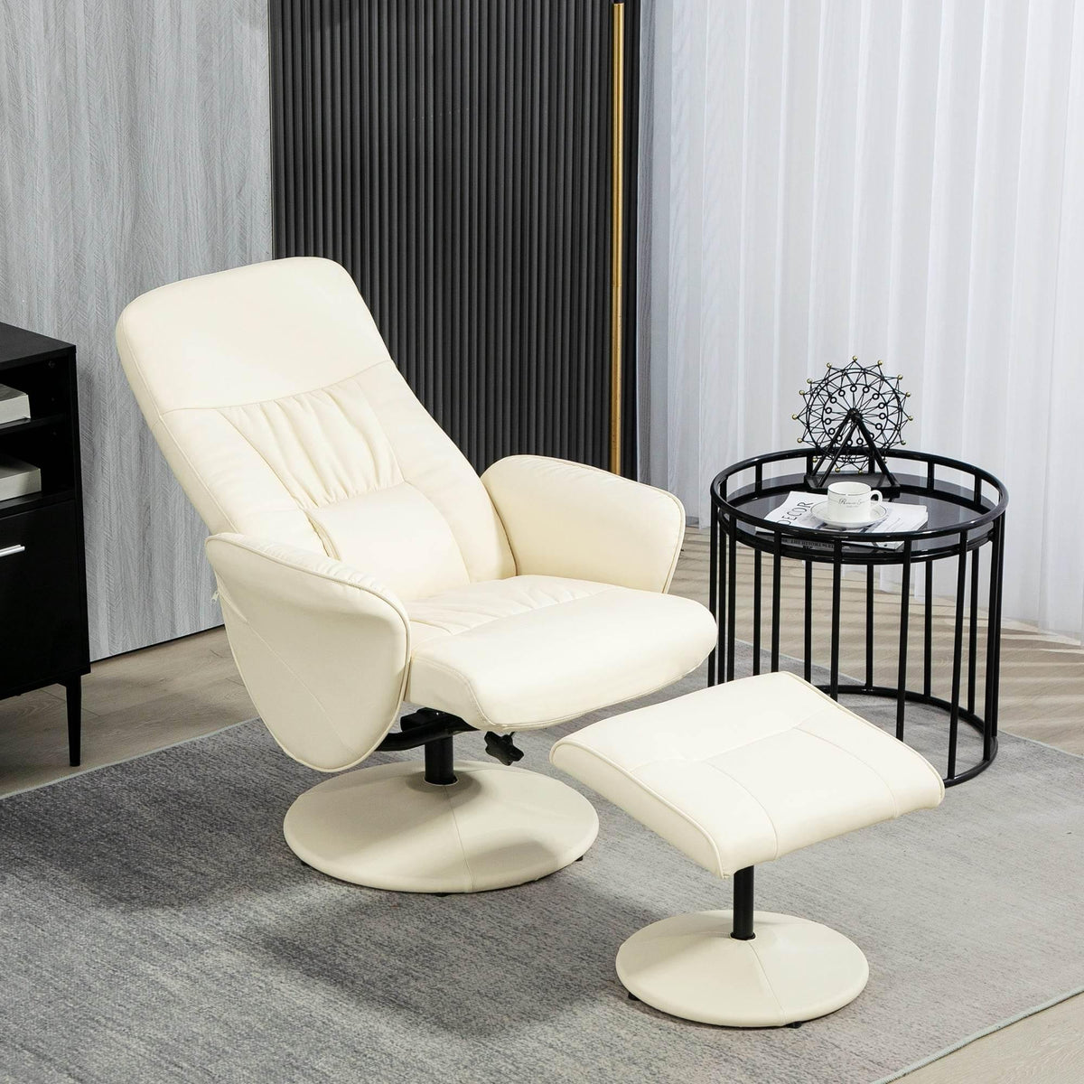 Cream swivel recliner chair with matching ottoman, cushioned seat and footrest