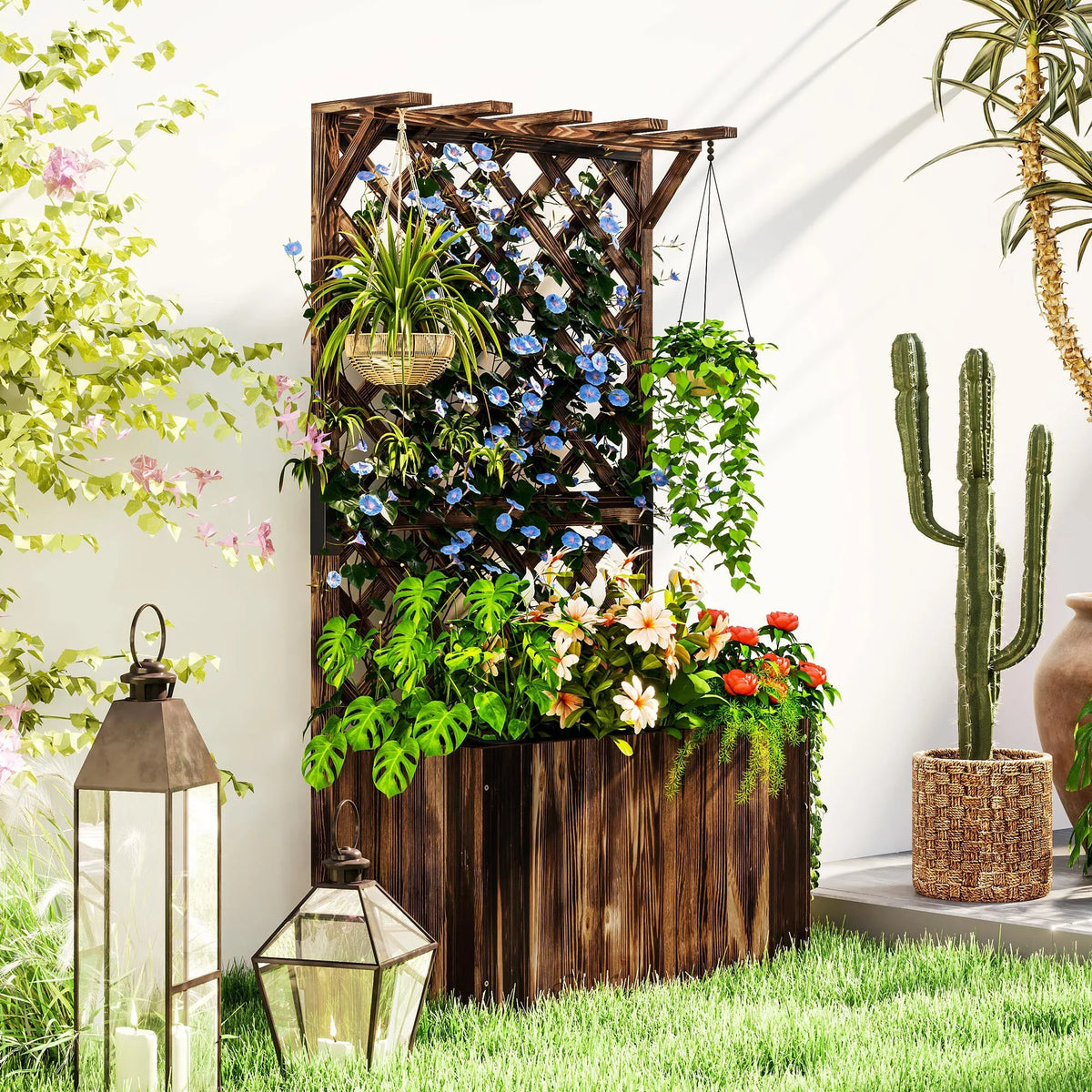 Freestanding wooden raised garden bed with lattice trellis and blue flowering plants