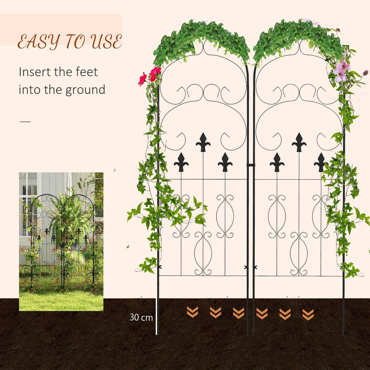 Metal garden trellis set of two with arched scrollwork panels, shown installed for climbers