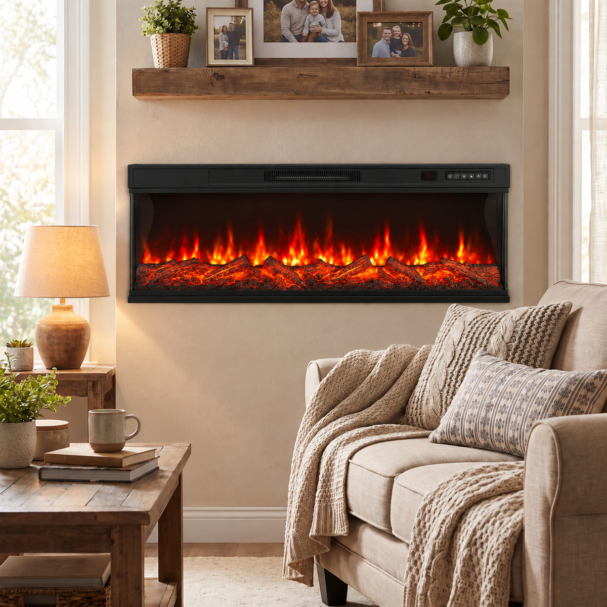 Freestanding electric fireplace with three-sided glass, red flames behind black frame
