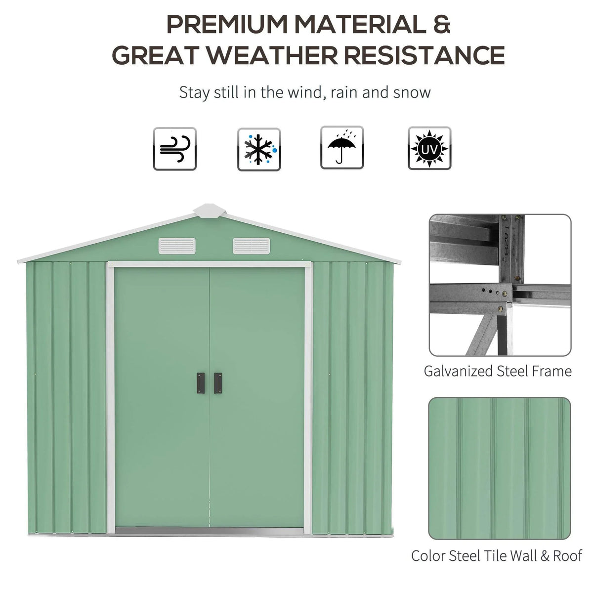 Light green metal storage shed with double doors and ventilation grilles under pitched roof