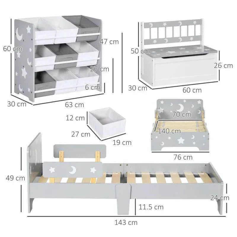 Grey kids bed and storage set diagram with dimensions and star-and-moon panels