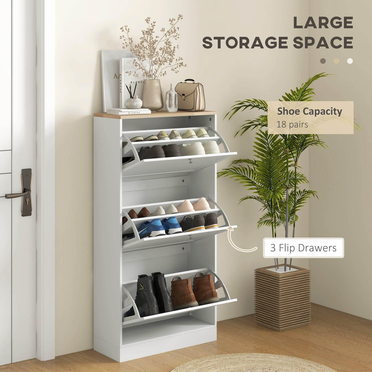 White shoe cabinet with open tiered flip drawers for storing up to 18 pairs