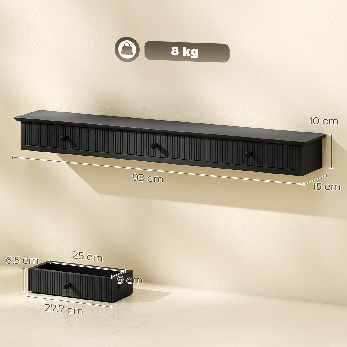 Black wall shelf unit with drawers, with size dimensions shown