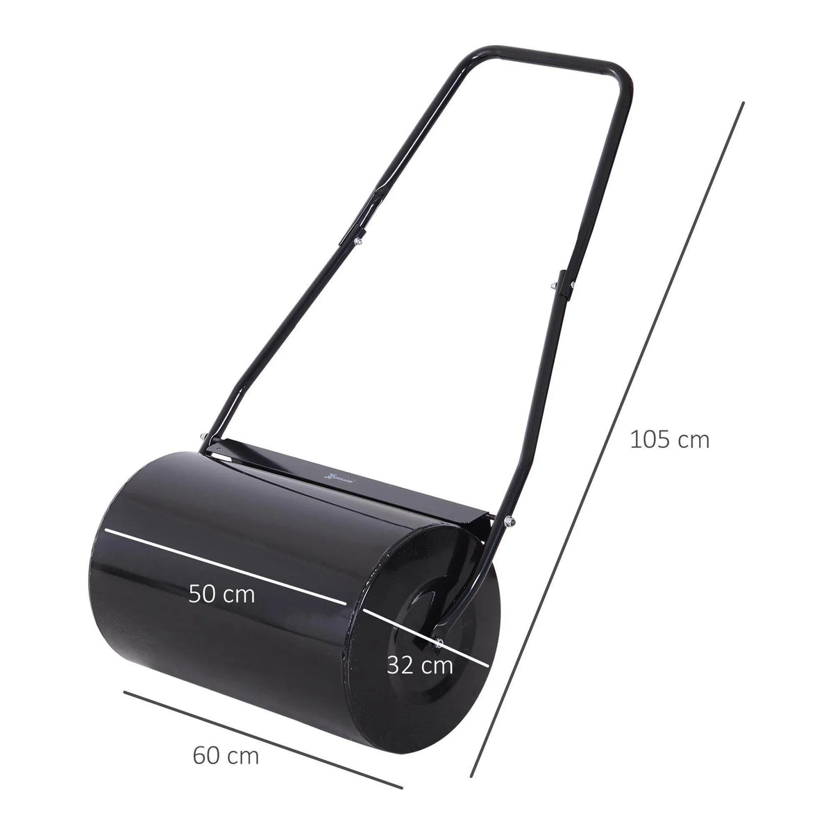 Black lawn roller with curved U-handle and wide round drum, 38L capacity