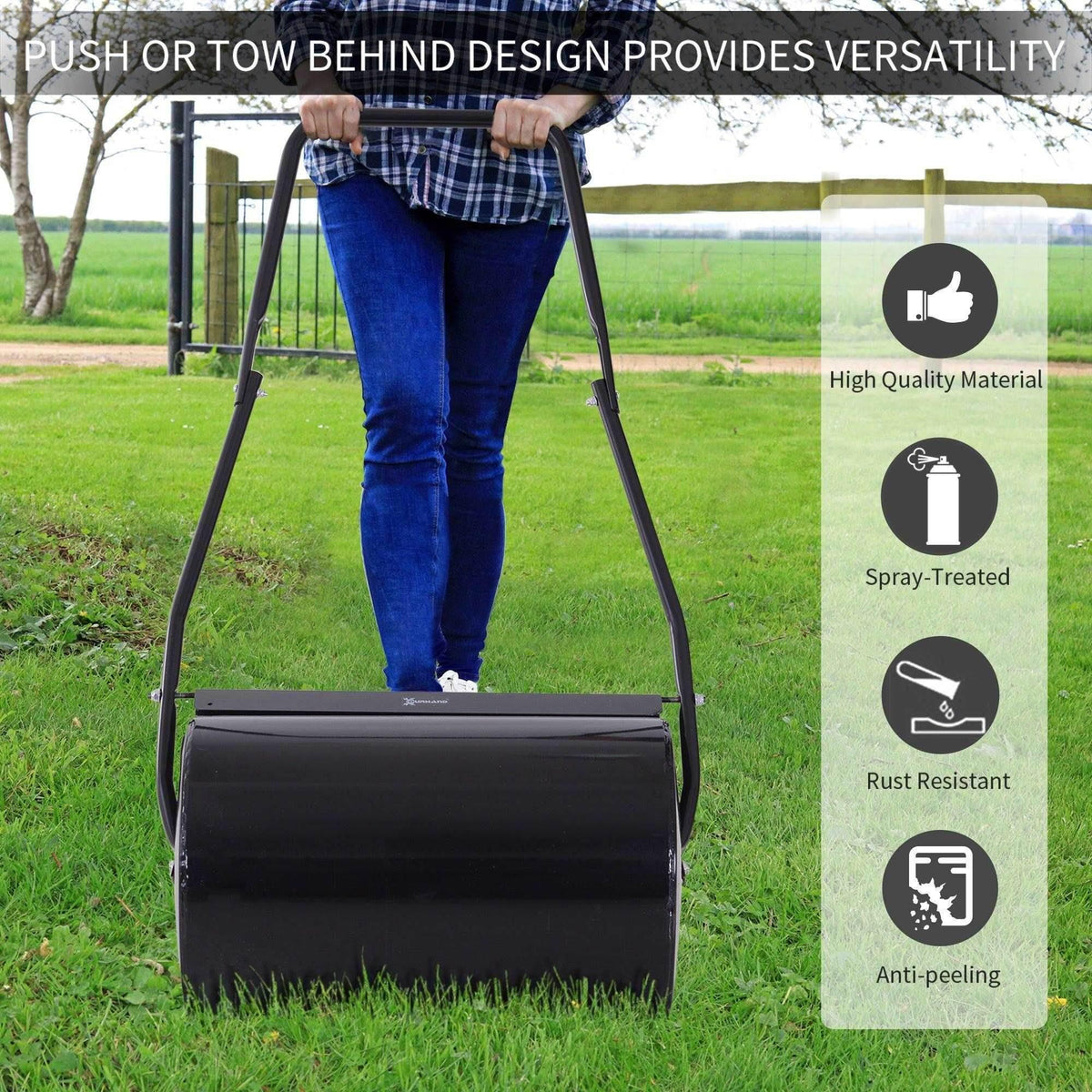Black lawn roller with wide drum and tall frame handle