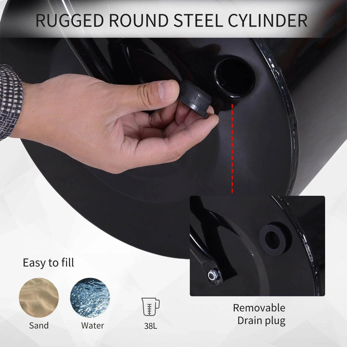Black steel lawn roller drum close-up with removable drain plug