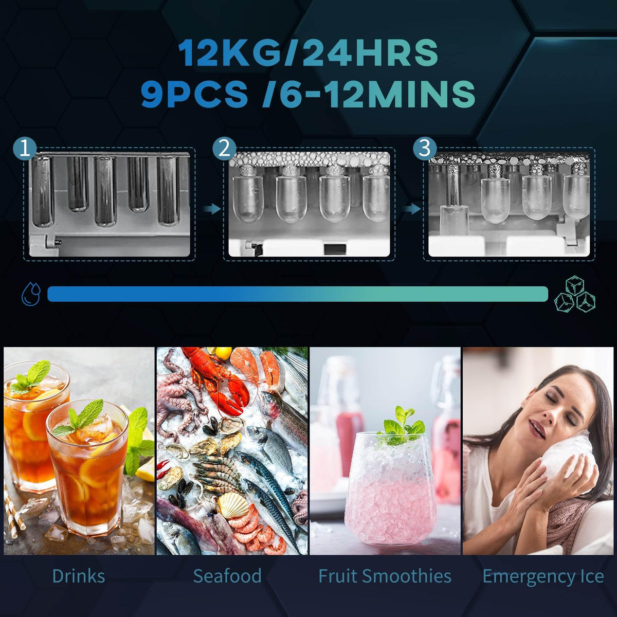 Black countertop ice maker cube tray area with lid open