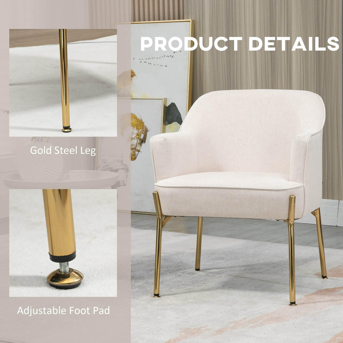 Cream armchair with gold steel legs and adjustable foot pads, upholstered seat