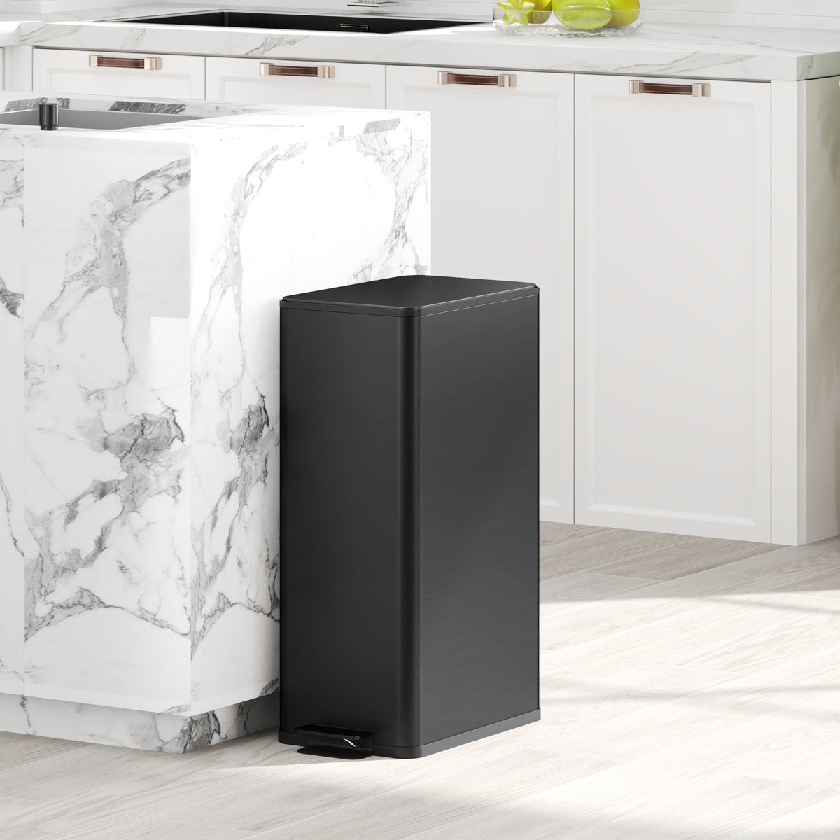 Black rectangular pedal bin with closed lid for kitchen use.