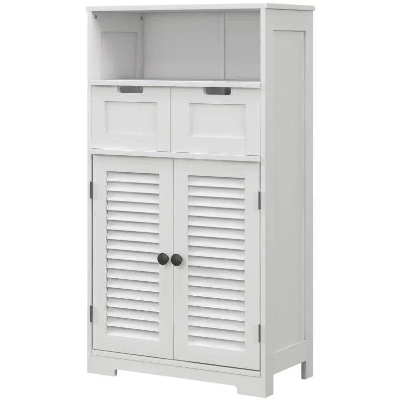 White bathroom storage cabinet with open top shelf, two drawers, and louver cabinet doors