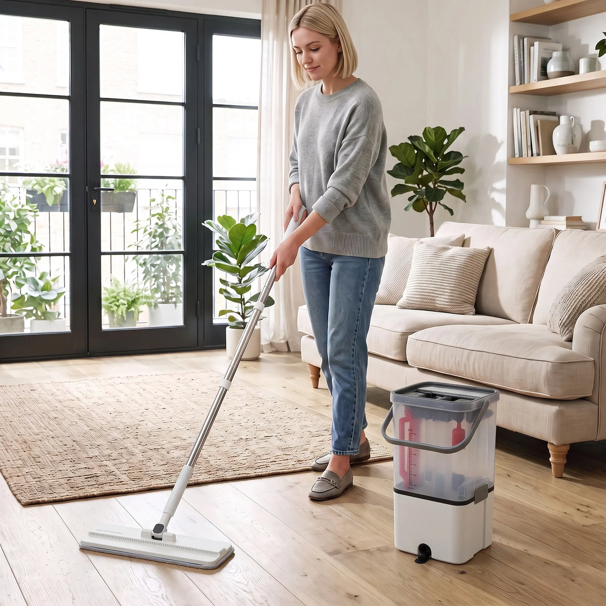 Flat mop and bucket on wheels with microfiber pad for everyday floor cleaning.